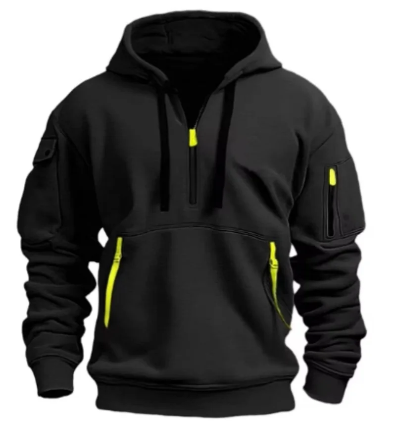 New autumn and winter high-value hoodie with warm and unique solid color pockets, men's hooded zipper sports casual top