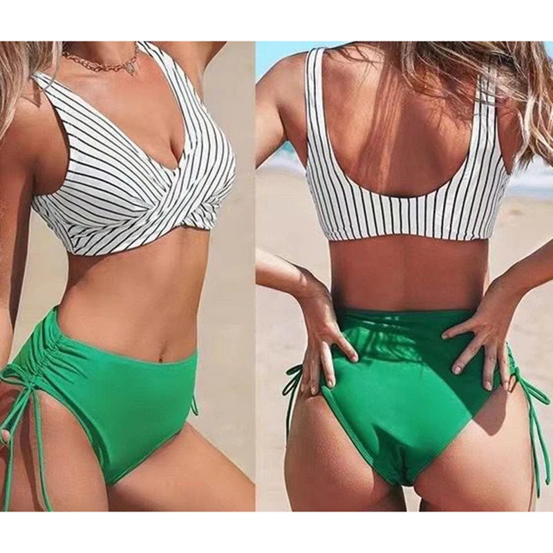 Vintage Printing Bikini Set Women Swimwear Cross Pleated Backless Lace Up Bikini Push Up 2025 New Beach Two Piece Bathing Suit