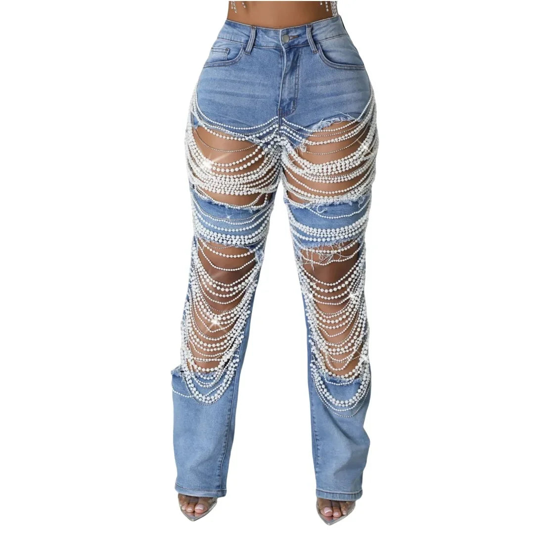 Spice Girl Summer Pants Ripped Heavy Industry Beaded Elastic Trousers Fashion Personality Jeans