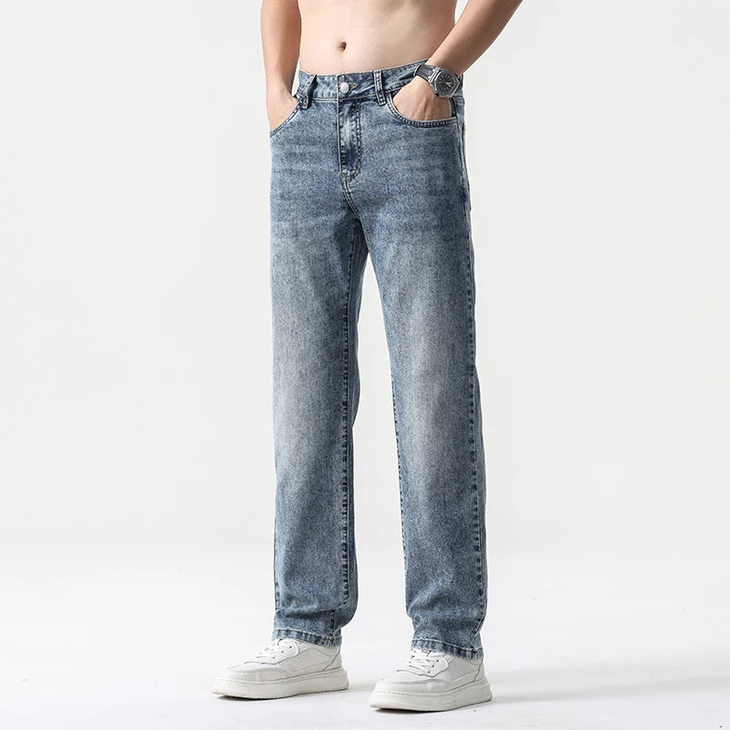 2025 high quality Jeans Men Baggy Pants Summer Straight Cut Loose Retro Blue Denim Pants Streetwear Fashion Pockets Vintage Man