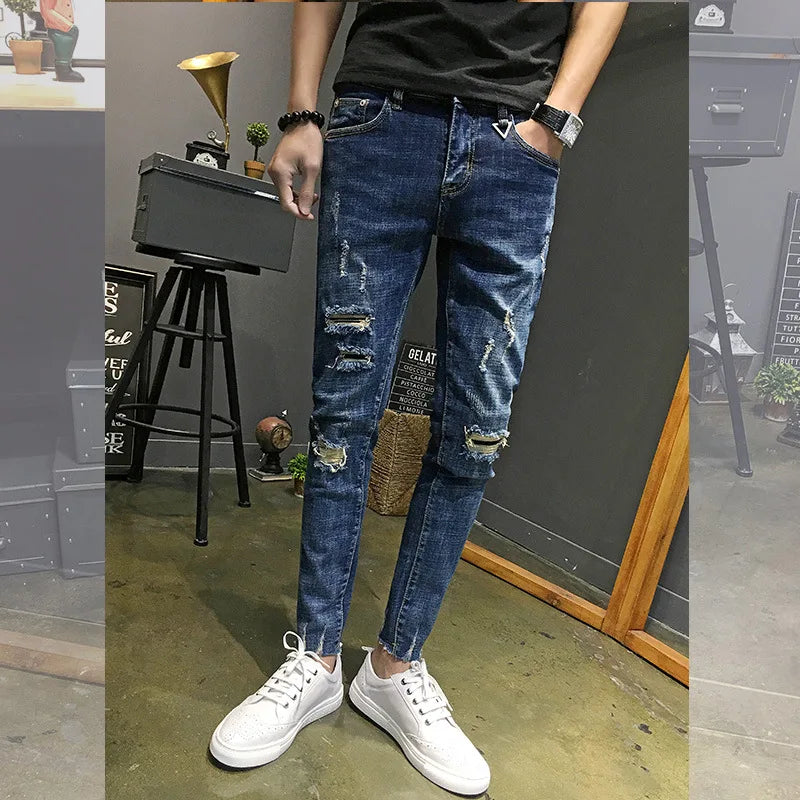 Wholesale 2022 Fashion Denim Pants Men\'s Boys Small Feet Ripped Holes Cropped Jeans Thin Men\'s Social Men Beggar Pencil Pants