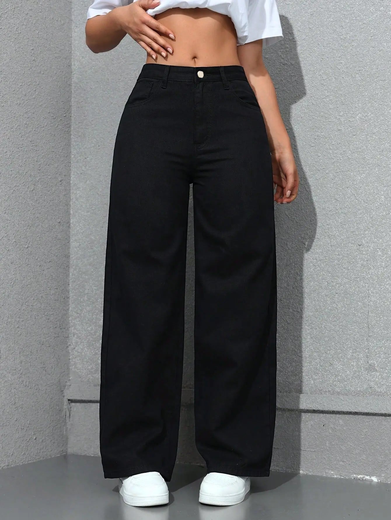 Retro Loose Wide Leg Jeans Fashion Women Solid Straight Wash High Elastic Waist Denim Pants Casual Streetwear Pocket Trousers