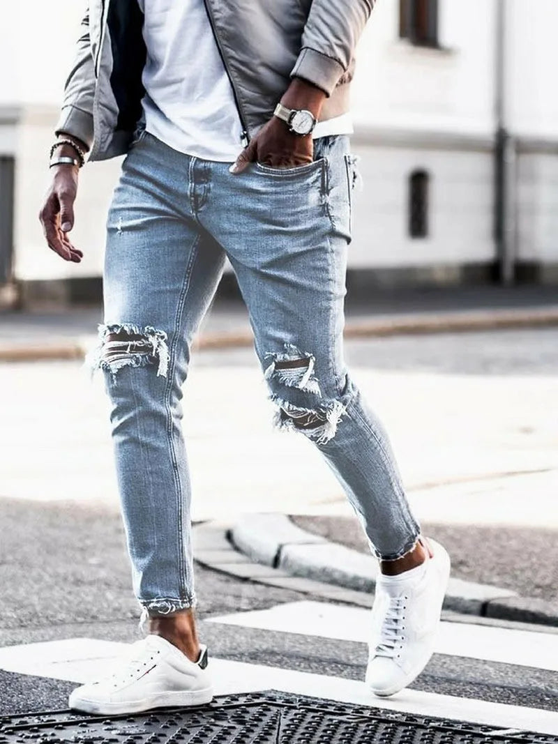 Denim Distressed Mens Pants Autumn Slim Fit and Slimming New Elastic Pants Mens Small Leg Pants
