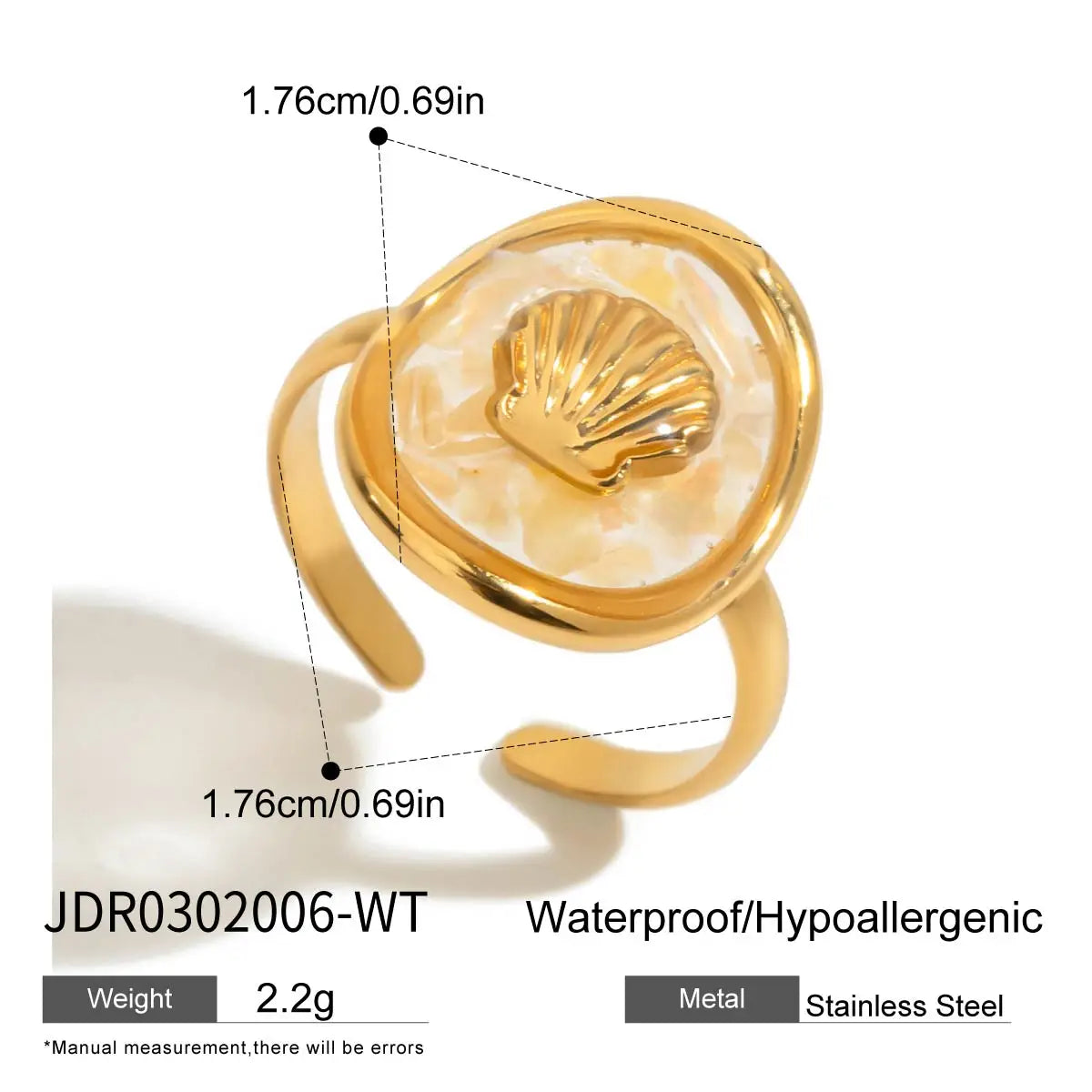 Zora Women's Boho Style Oil Drop Crushed Shell Ring 18K Gold-plated Stainless Steel Oval Starfish Open Ring waterproof Jewelry