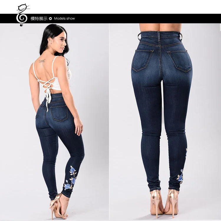 Fashionable Printed and Embroidered High-waisted Skinny Jeans. Four Seasons New Casual, Elastic Comfortable Pencil Pants Women