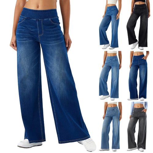 Women Jeans Denim Pant Wide Leg Long Pants Y2k Streetwear Elastic Waist Straight Trousers Elegant Mom Jeans Temperament Casual