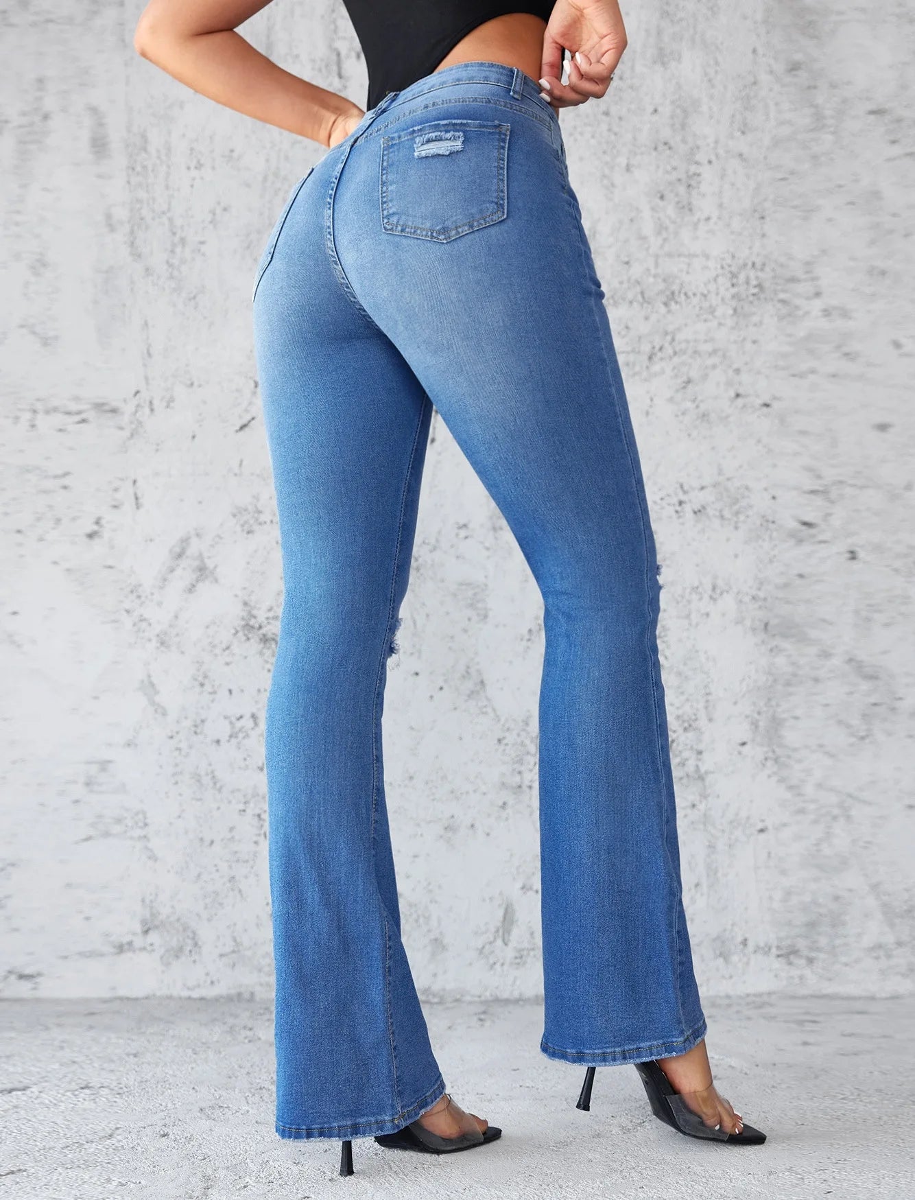 2025 New Slim-fit Washed Ripped Micro-flared Jeans, Women's Four Seasons Fashionable, Comfortable and Elastic High-waisted Jeans