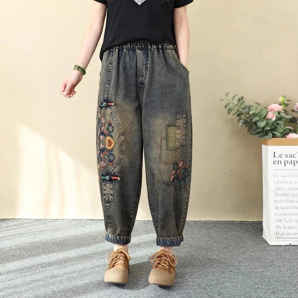 Artistic Retro Embroidered Jeans Women's Wear 2025 Spring Autumn New Loose High Waist Elastic Denim pants Female Casual Trousers