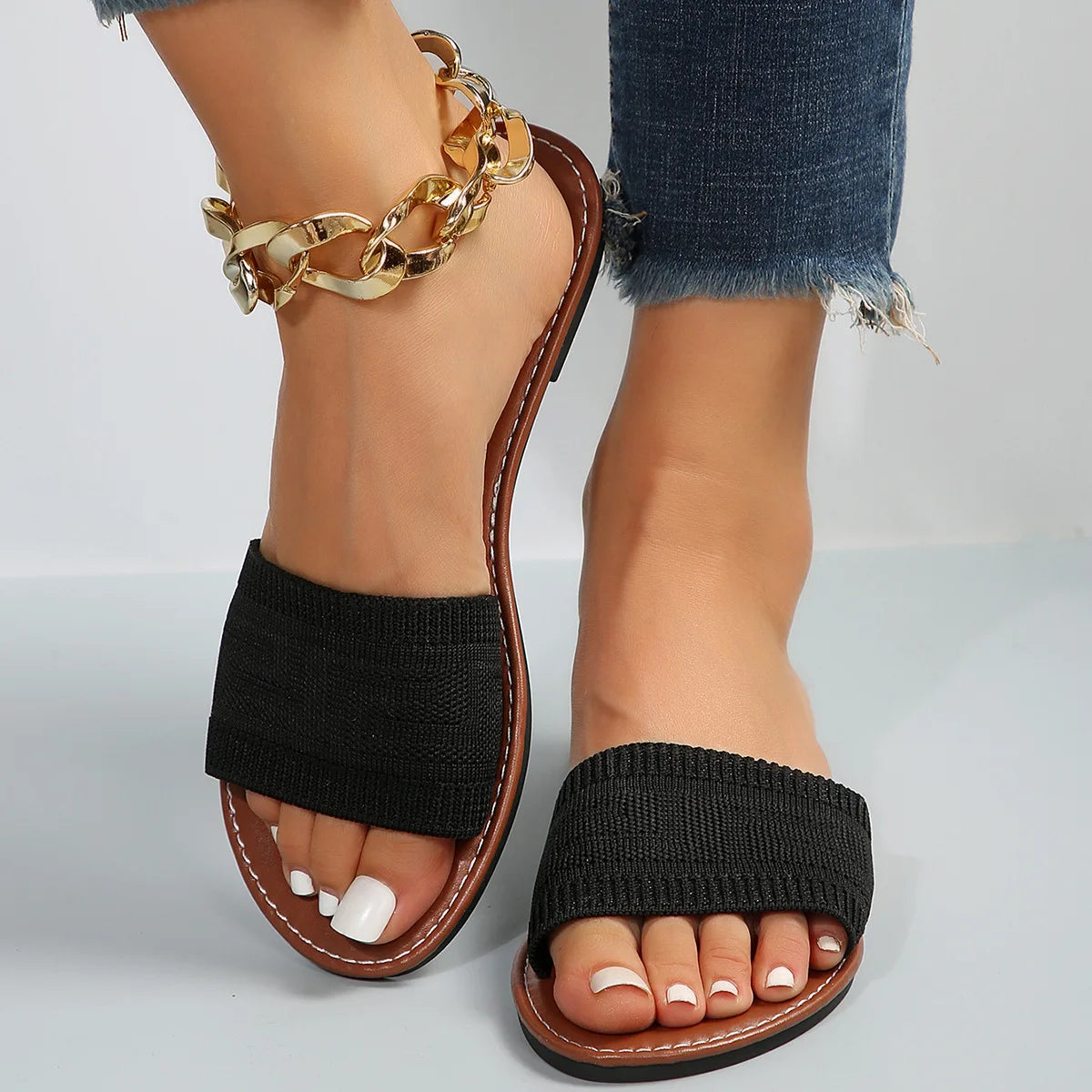 Women's Sandals Summer Luxury Fashion Flat Sandals Brown Designer Open Toe Non-Slip Outdoor Beach Slippers Slides Women