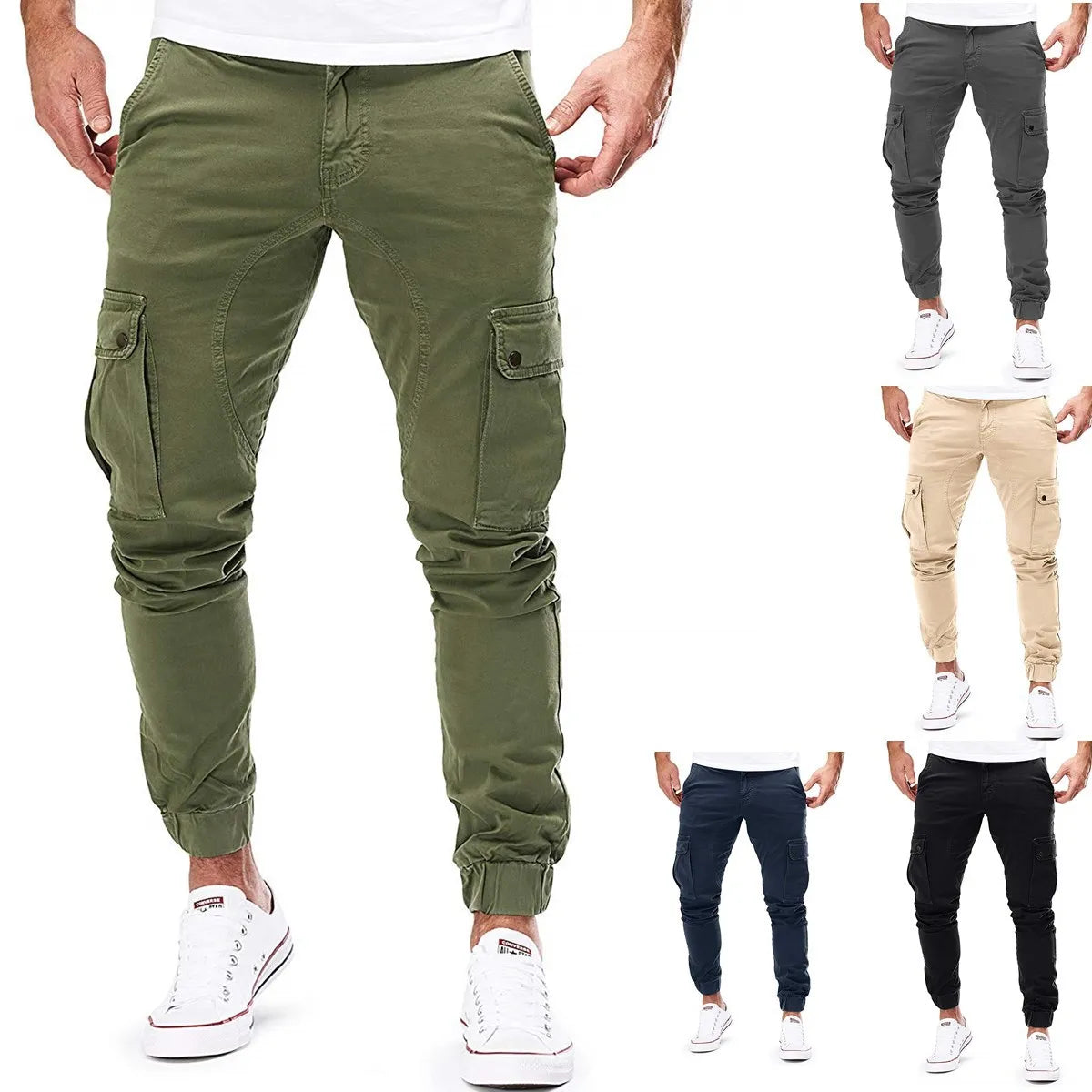 Street Elastic Jeans Men Denim Cargo Pants Wash Solid Color Multi Pockets Casual Mid Waist Trousers Slim Fit Daily Wear Joggers