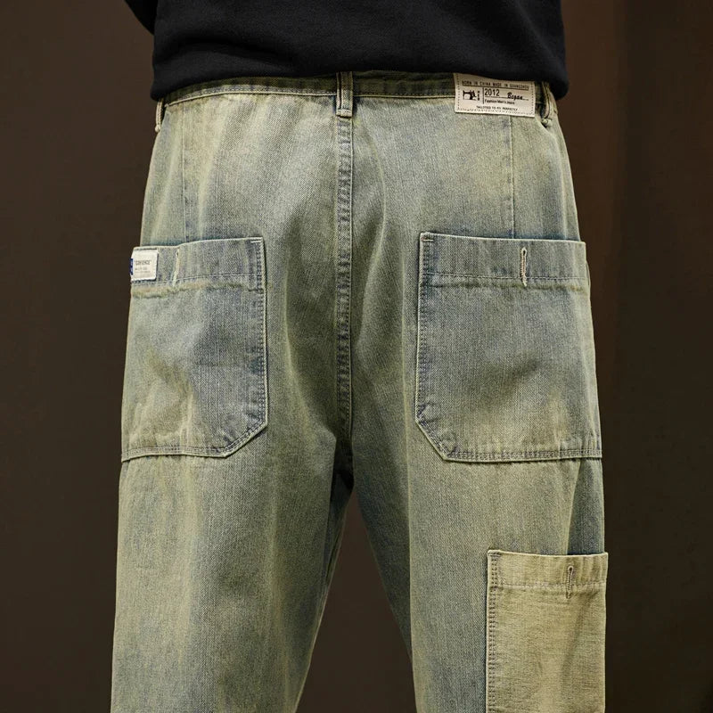 Jeans Men Loose Fit Retro Blue 2024 Spring Wide Leg Pants Denim Trousers Korean Style Fashion Side Pocket Male Baggy Pants