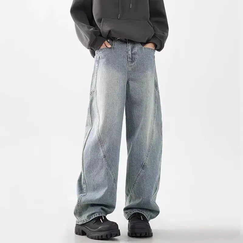 DM Oversized Baggy Jeans Men 100% Cotton Fashion Personalized Splicing Wide Leg Pants Male Streetwear Brand Loose Denim Trousers