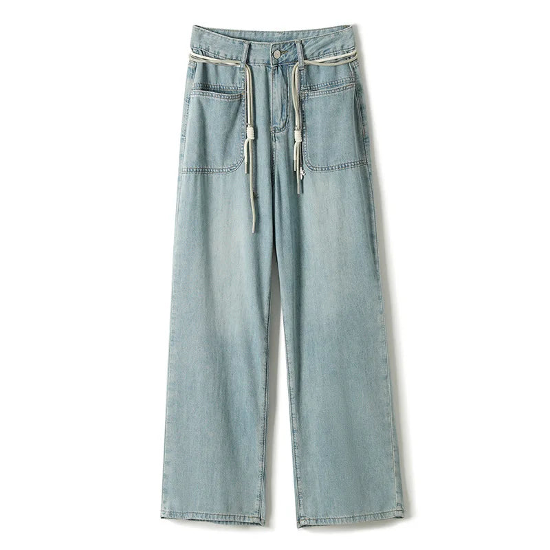 New Women's Summer Tencel Jeans Thin Straight, High Waist, Wide Legs, Slim, Versatile Belt, Light Color