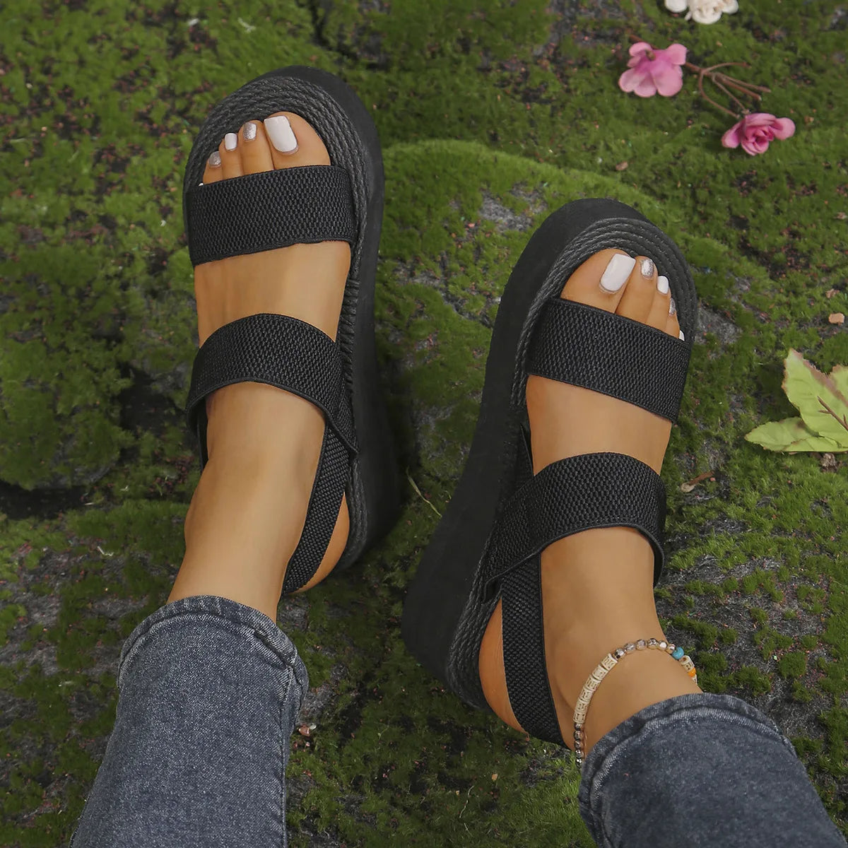 1pair Women's Minimalist Wedge Sandals Open Toe Thick Soled Platform Casual Sandals Ankle Strap Slingback Sandalias Solid Color