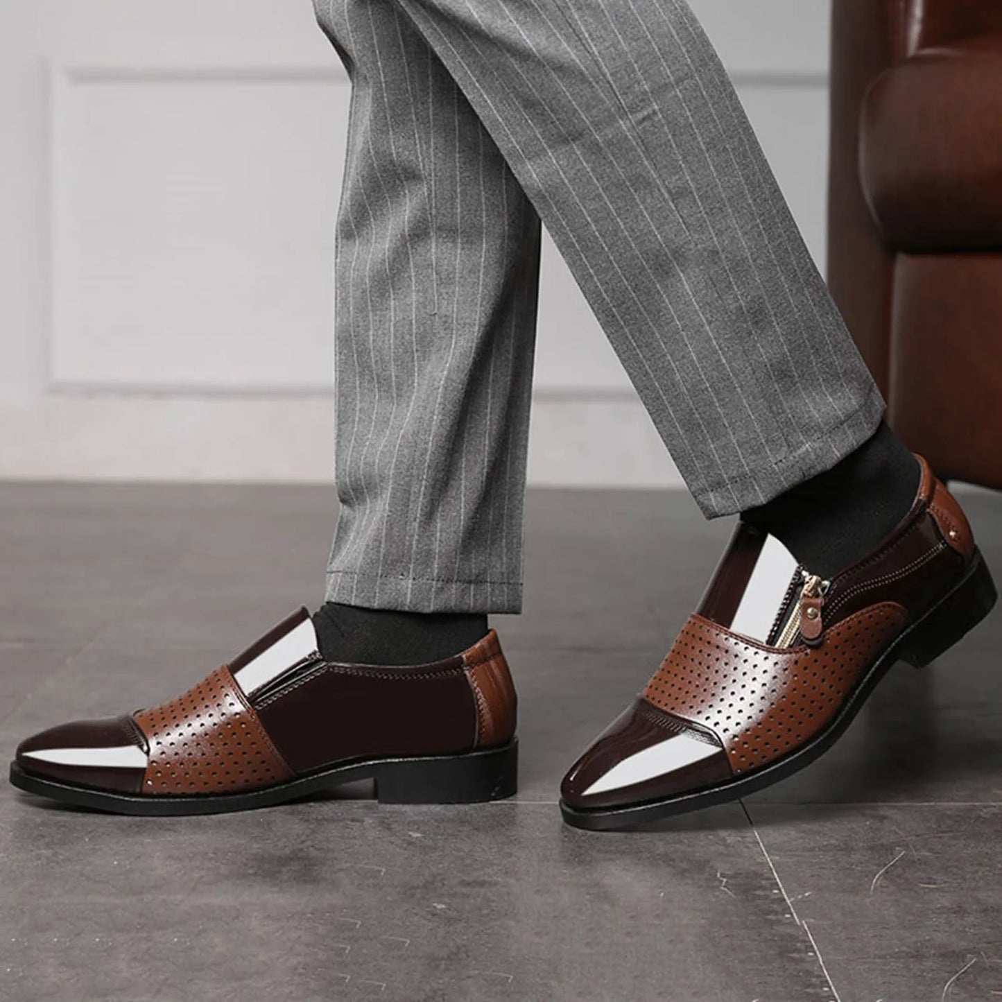 Leather Dress Shoes Men Fashion Summer And Autumn Men Leather Shoes Pointed Toe Low Heel Zipper Mens Leather Athletic Shoes