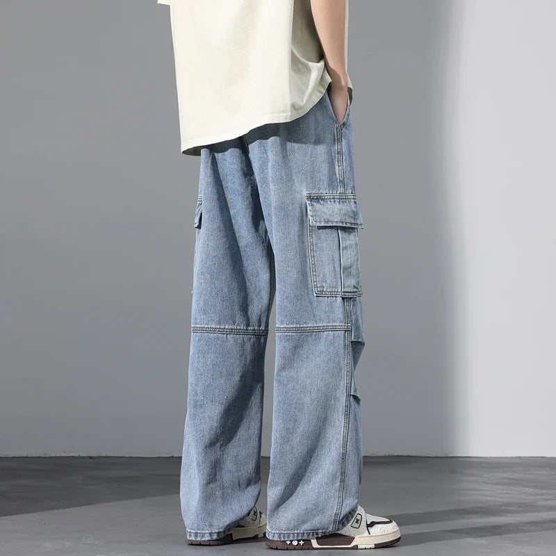 Large Pocket Baggy Jeans Men's 2025 New Spring Classic Straight Denim Trousers Street Y2K Elastic Waist Casual Cargo Pants