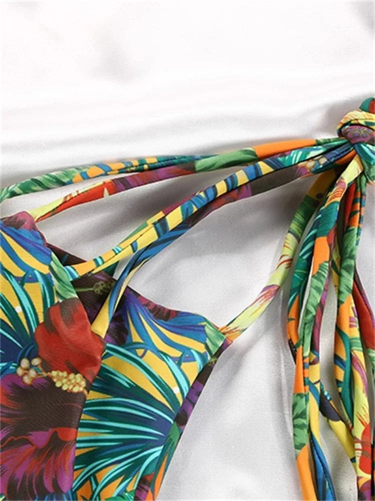 Triangle Bikinis Set Bandage Swimwear Women's Two-Piece Swimsuit Sexy Bathing Suit Floral Printed Biquini Micro Thongs Beachwear