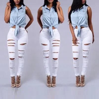 Sexy Skinny Jeans Women's Denim Pants Tight Fitting Hole Punching Fashionable Thin Leggings Casual Female Clothing