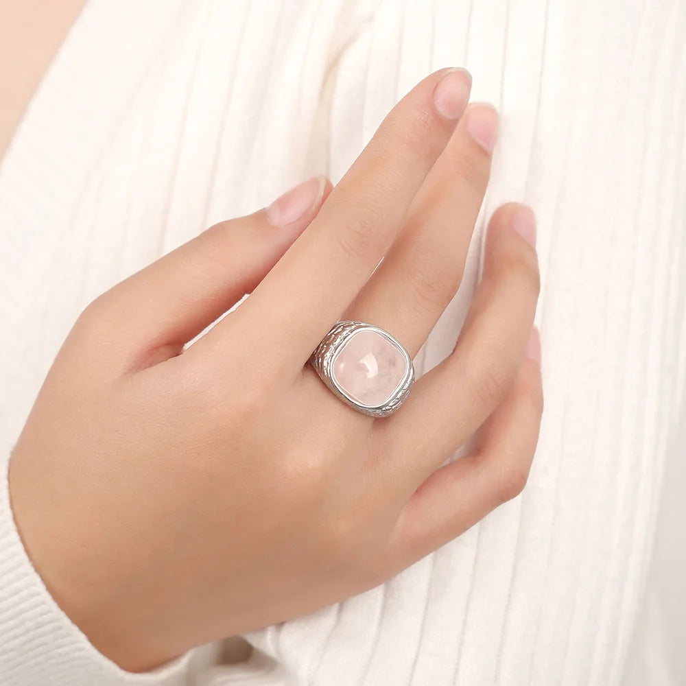 Vintage Knited Design Stainless Steel Rings For Women Pink Square Natural Stone Couple Finger Ring Waterproof Jewelry Gift
