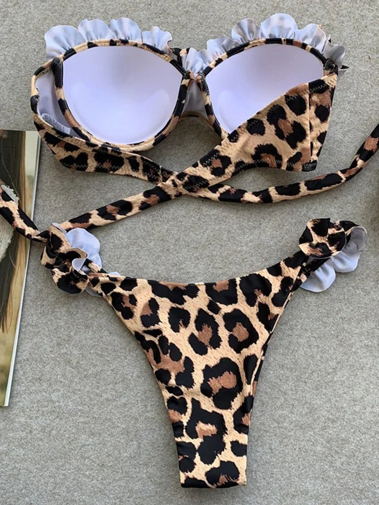 2025 New Summer Swimwear Bikini Set Sexy Leopard Strapless Bikini 2 Piece Set Women Split Swimsuit High Waist Beach Style Bikini