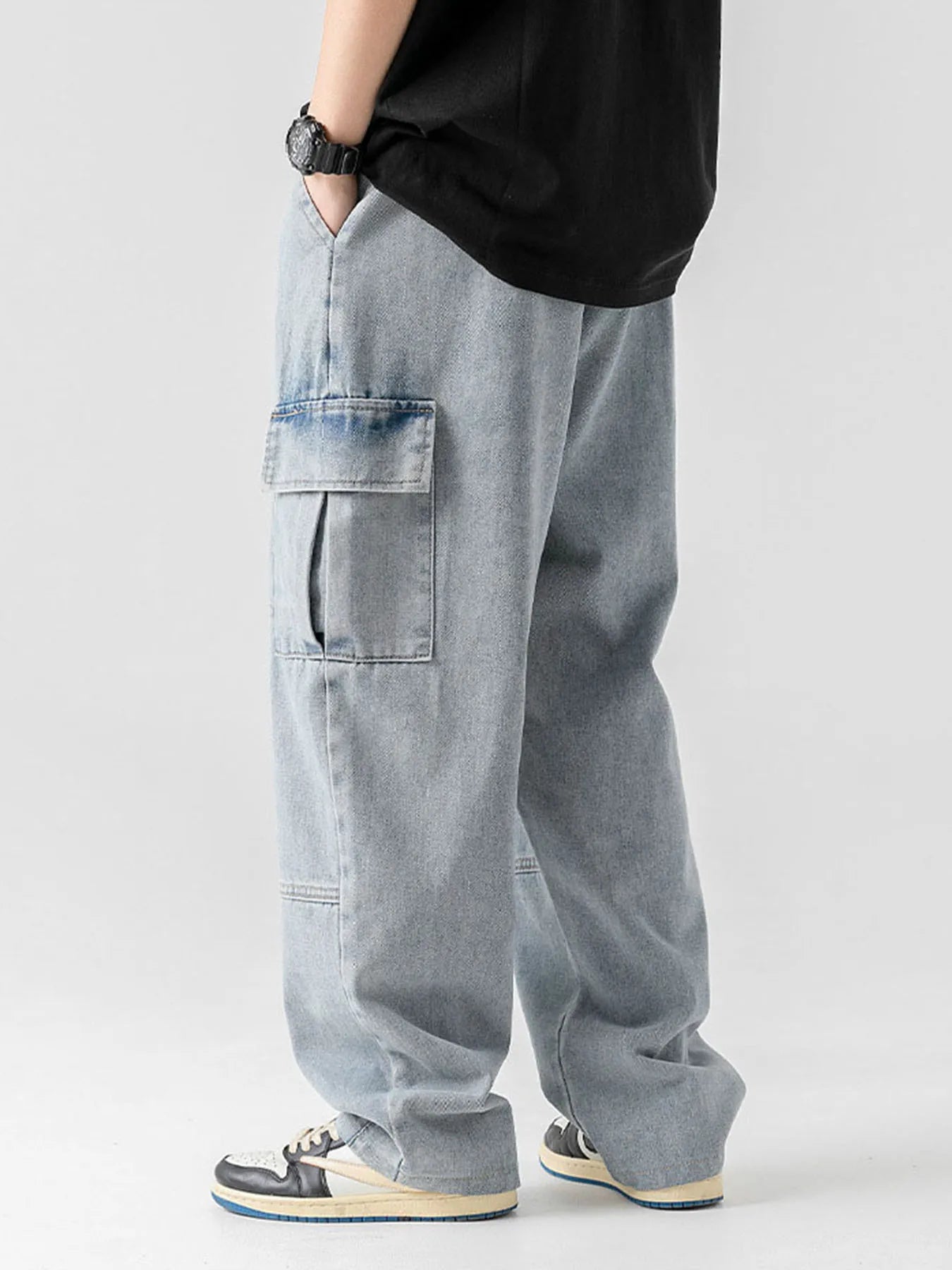 Men's Concerts Streetwear Hip Hop Dance Party Loose Elastic Waist Loose Fit Denim Cargo Joggers Pants Jeans Leisure Trousers