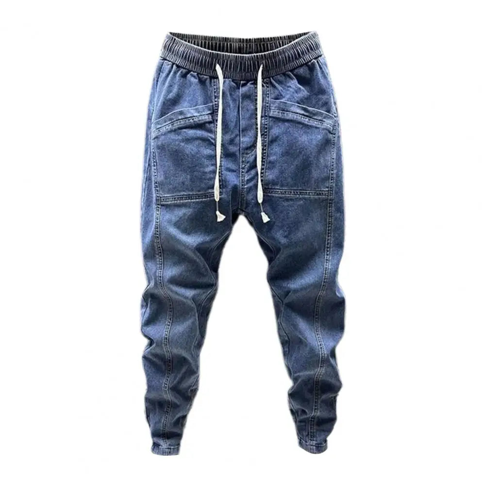 Spring Autumn Men Jeans Elastic Drawstring Waist Pockets Design Denim Pants Solid Color Casual Cargo Harem Trousers