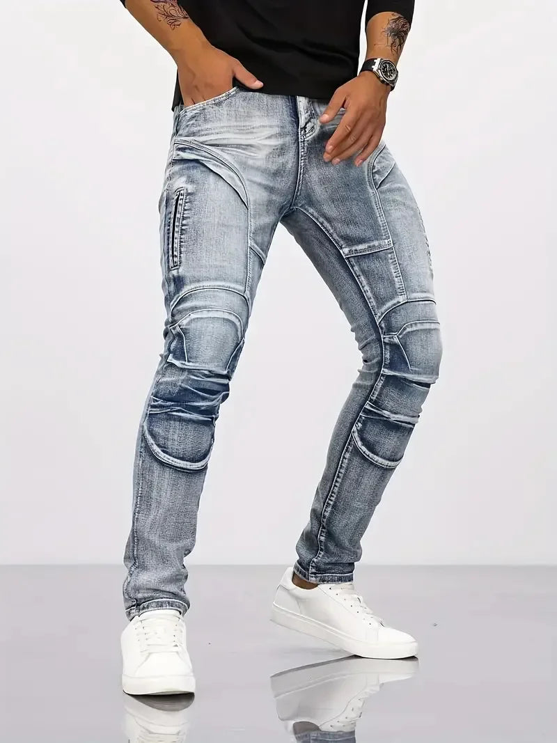 Pencil Jeans Men Ankle Length Denim Pants Washed Ripped Jeans Spliced Patchwork Pockets Slim Fit Moto Biker High Waist Man
