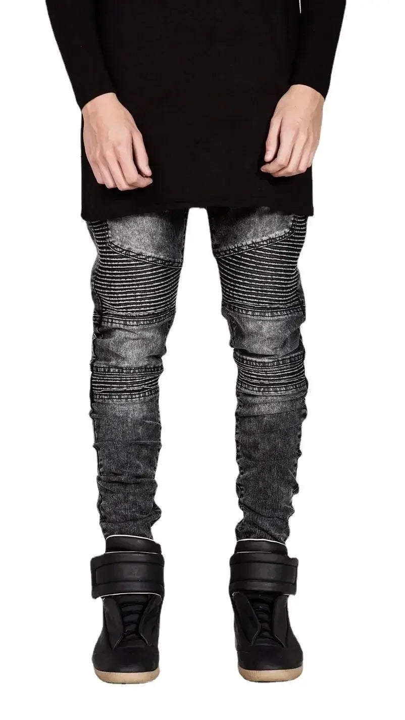 Men Washed Distressed Jeans Pencil Pants Mid Waist Denims Vintage Pockets Button Zipper Fly Streetwear Ankle Length Trousers