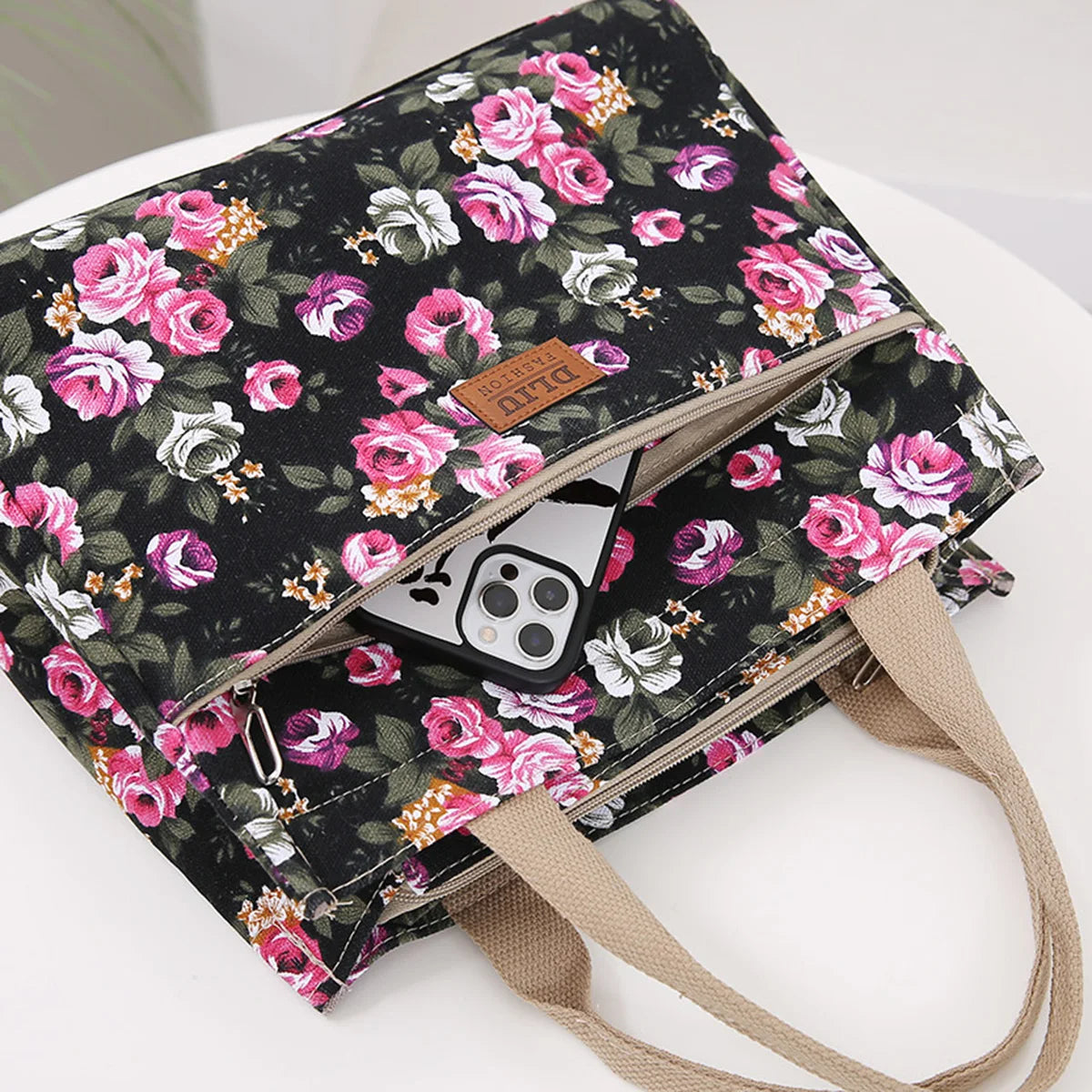 Fashion Floral Print Tote Bag, Portable Canvas Lunch Bag, Women's Casual Handbag & Bento Mommy Bag For Picnic Travel