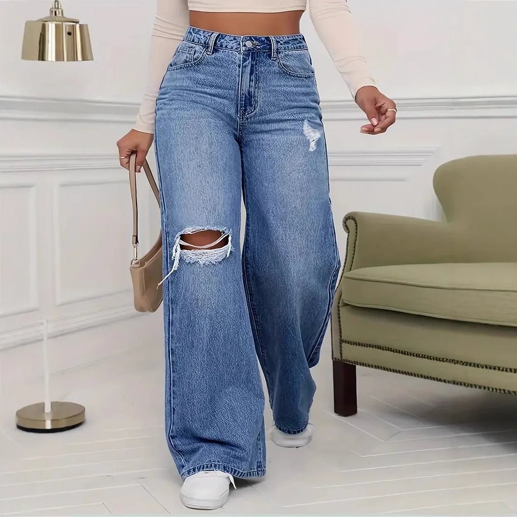 Hole Jeans Women Denim Wide Leg Pants Vintage Distressed Ripped Trousers 2025 Streetwear High Waist Washed Pockets Floor Length