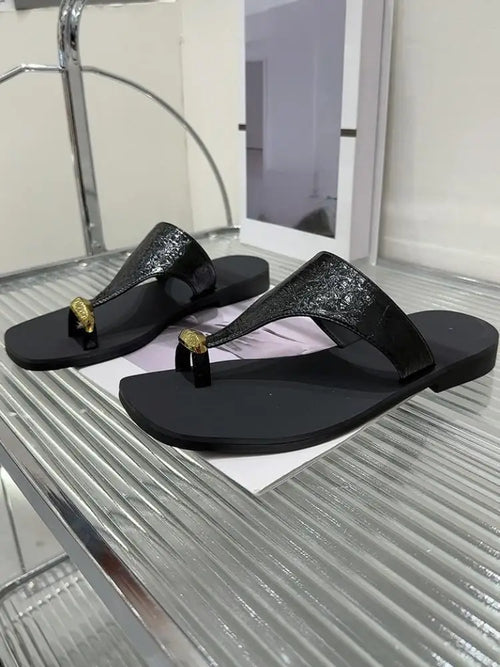 Summer Wearing Outside Clipped Toe Slippers Leisure Women Korean Style Versatile Solid Color Cow Split Leather Flip Flops
