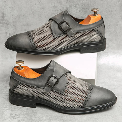 New Designer Men's Breathable Mesh Patchwork Patent Leather Shoes Male Summer Formal Wedding Dress Homecoming Monk Strap Loafers