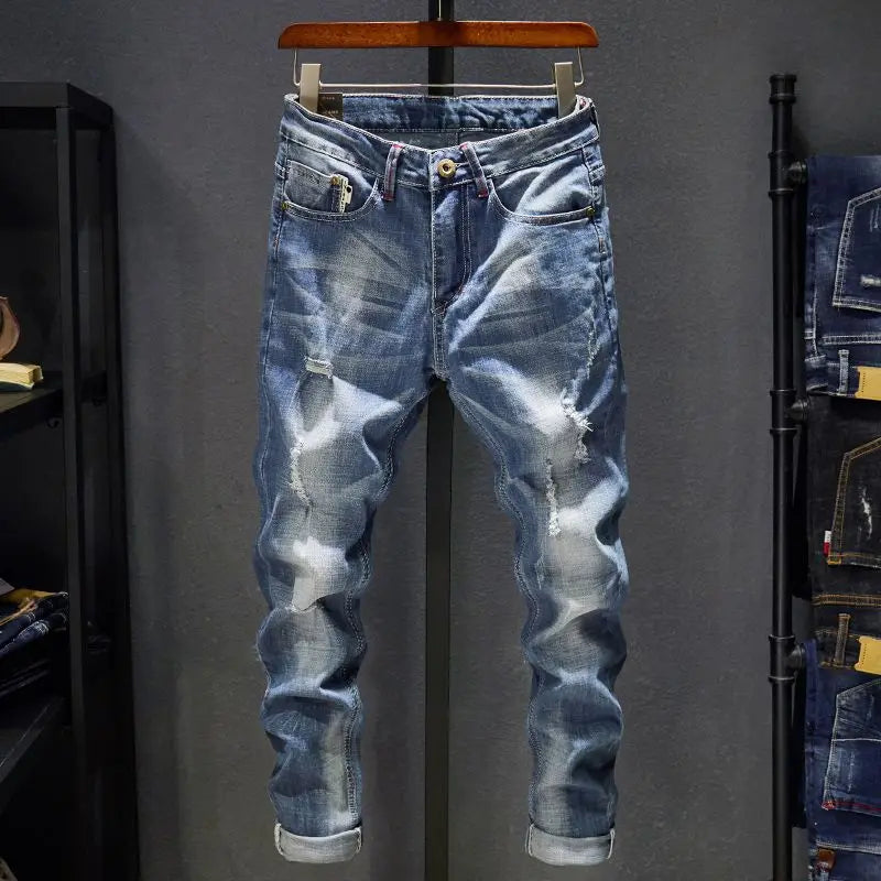 American High Street Men's Jeans Trendy Ripped Worn-out Hole Punch Elastic Straight Cut Slim Fit Streetwear Pant for All Seasons