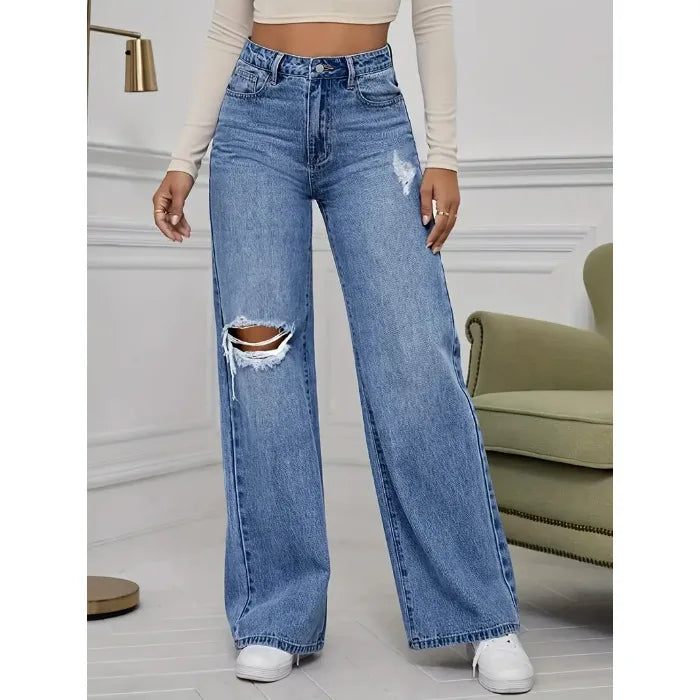 Hole Jeans Women Denim Wide Leg Pants Vintage Distressed Ripped Trousers 2025 Streetwear High Waist Washed Pockets Floor Length