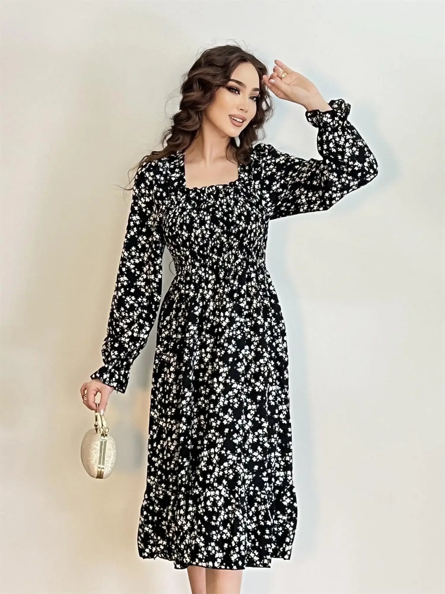 Long Sleeve Casual Dress Women Chiffon Dresses Autumn Spring A-line Printed Floral Elastic Chest Lace Up Midi Dresses Vestidos
