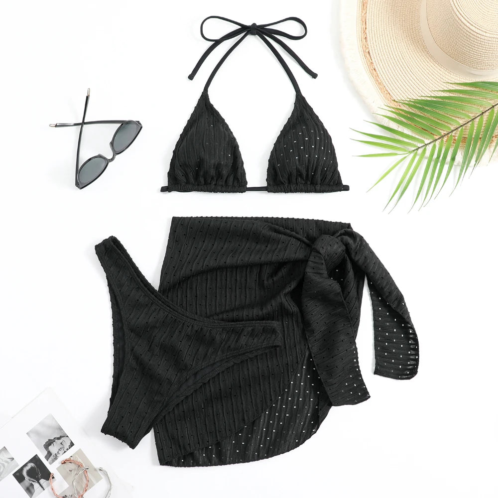Summer Halter Bikini 3 Pieces Women Special Material Sexy Thong Swimwear With Sarong Skirt White/Black/Pink/Green Beachwear