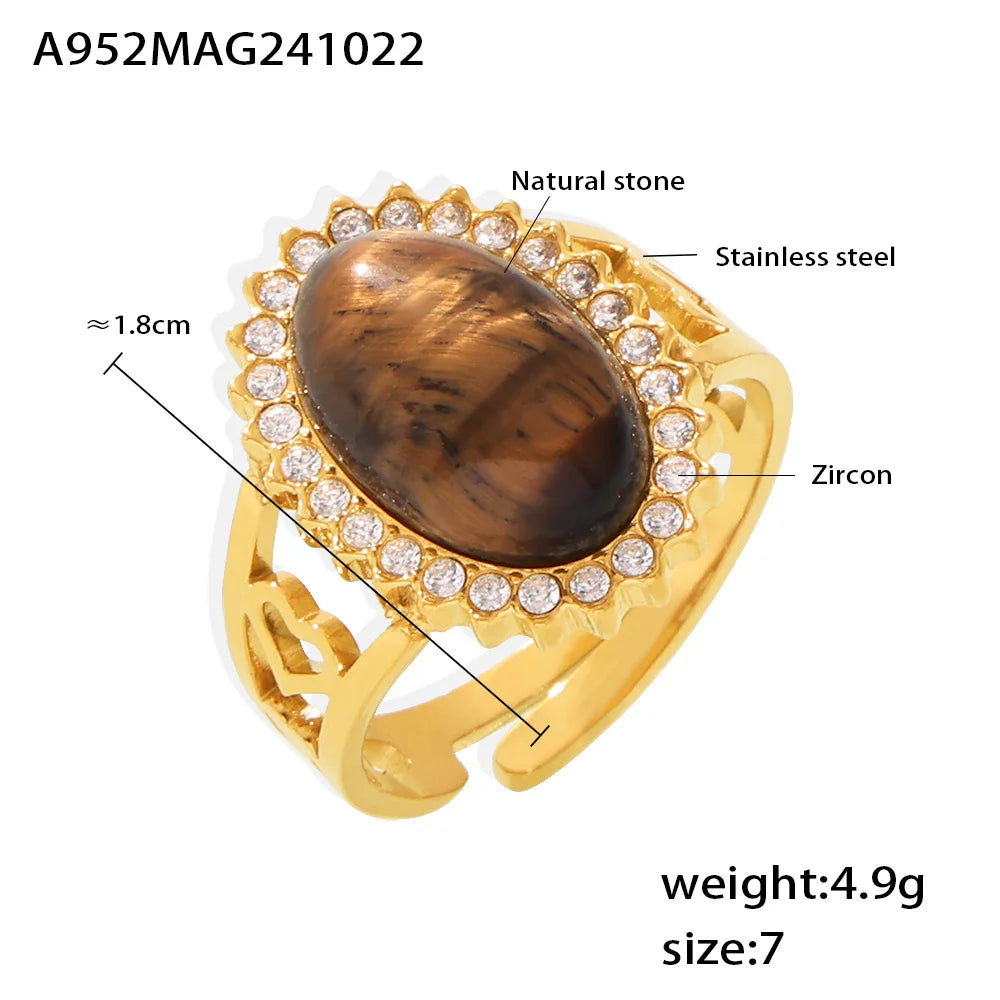 Oval Blue Red Stone Ziron Stainless Steel Rings For Women Gold Plated Waterproof Adjustable Ring Charm Luxury Jewelry