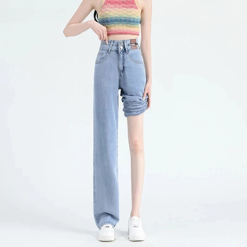 Lyocell Jeans Summer Thin High Waisted Wide Pants Korean Stretch Women Jeans Fashion Street Straight Denim Trousers Baggy Jeans