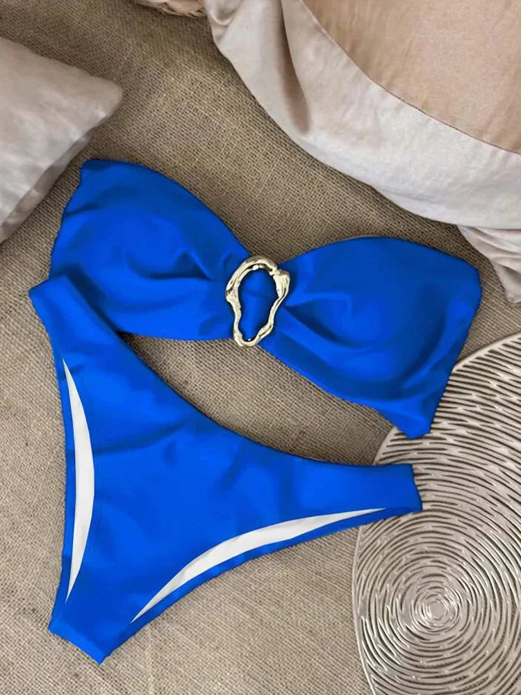 New Summer Swimwear Bikini Set Sexy Solid Strapless Bikini 2 Piece Set Women Split Swimsuit Low Waist Beach Bikini