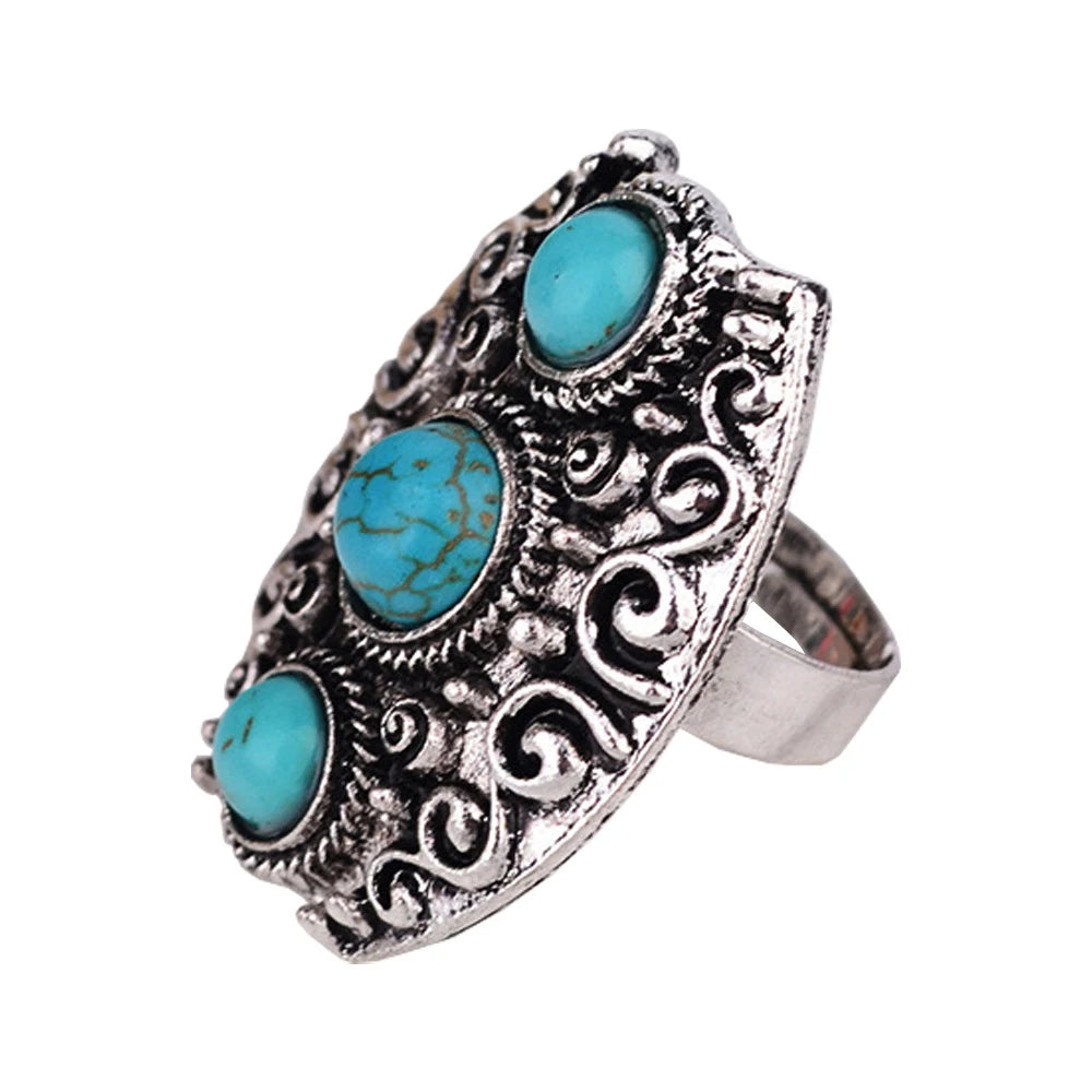 Vintage Silvery Turquoise Rings for Women Boho Tibet Ethnic Tribal Afghan Pakistan Indian Gypsy Men's Green Stone Retro Jewelry
