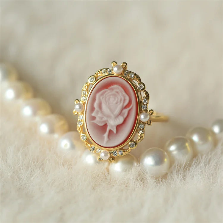 s925Silver Inlaid German Cameo Agate Relief Silver Ring Gift for Girlfriend Holiday Present