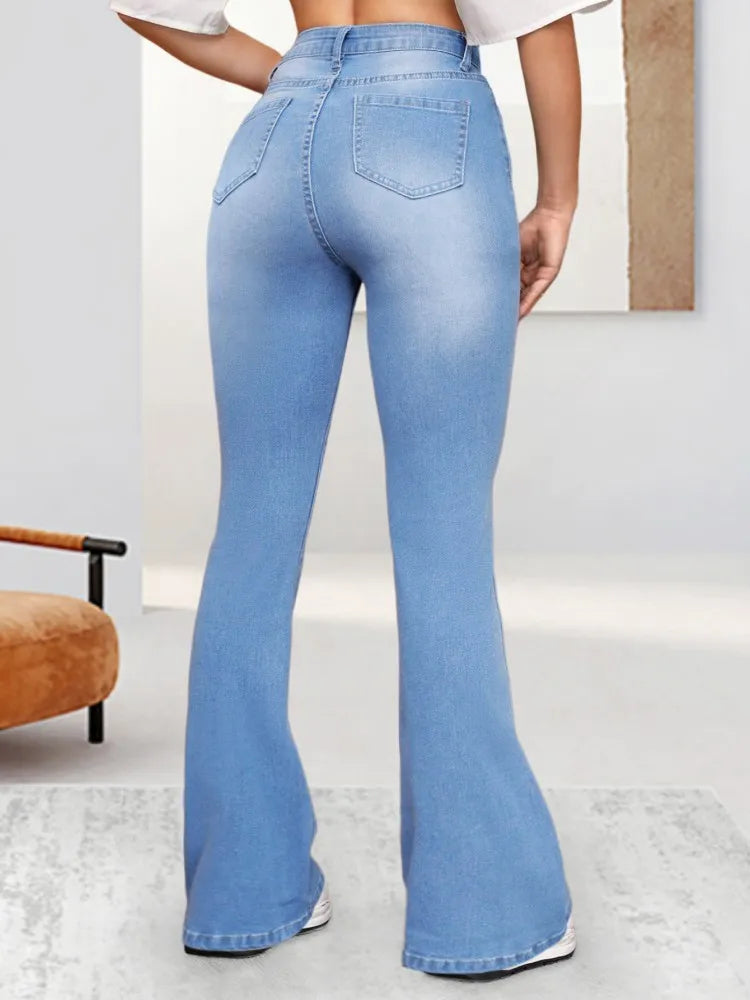 Light blue fashionable stretch jeans flared pants