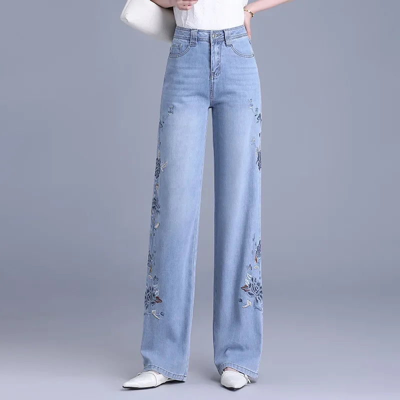 Light Blue Chinese Style Embroidery Wide Leg Jeans for Women with High Waist To Show Thin and Smooth, Soft Silk Material Jeans
