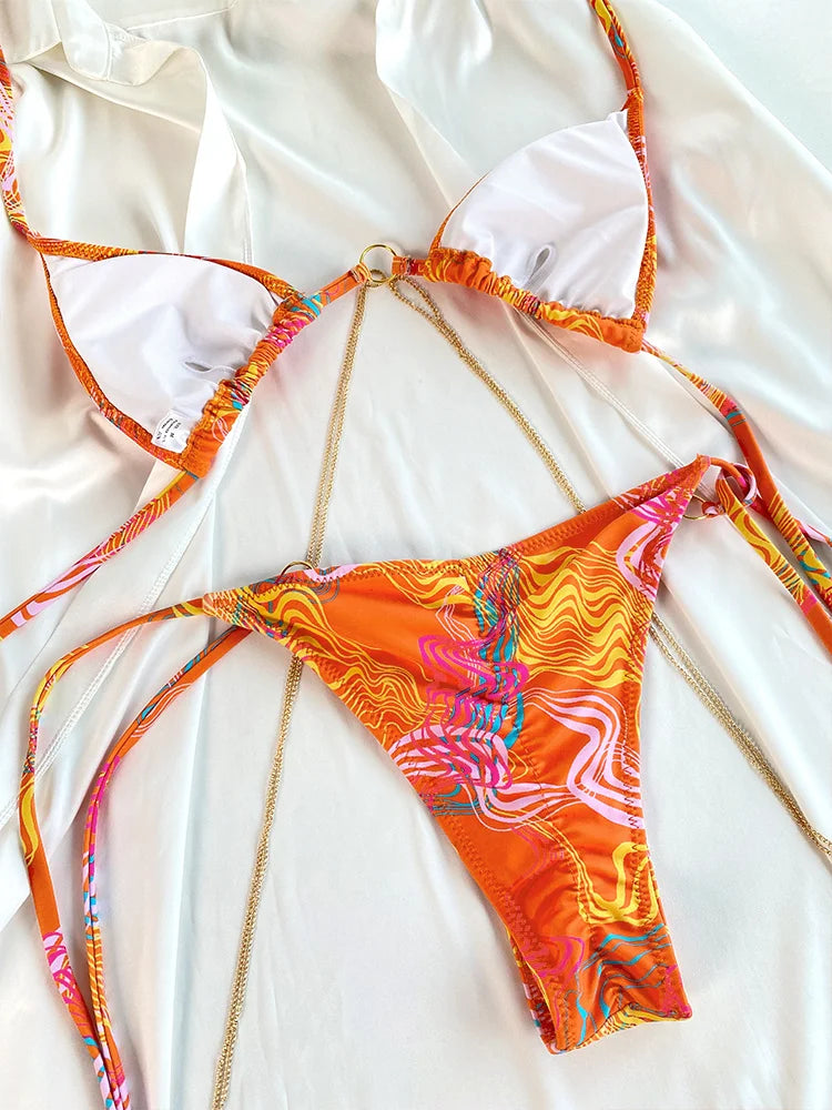 Bathing Suits Triangle Bikinis Printed Swimwear Women's Low Waist Swimsuit Bandage Biquini Set New Two Piece Suits