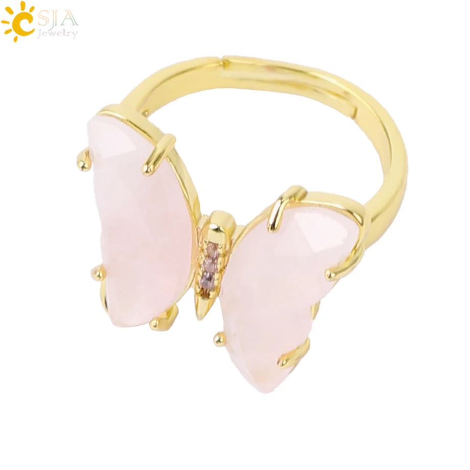 Gold Color Crystal Ring Natural Gemstone Butterfly Rings for Women Amethysts Lapis Lazui Pink Quartz Adjustable Engagement  H125