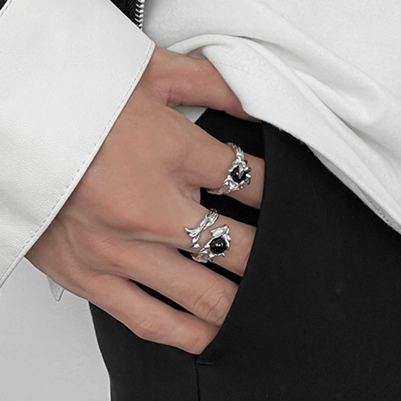 Gothic Irregular Gemstone Ring Aesthetic Girls Adjustable Black Stone Ring Women's Liquid Punk Ring Vintage Jewelry Accessories