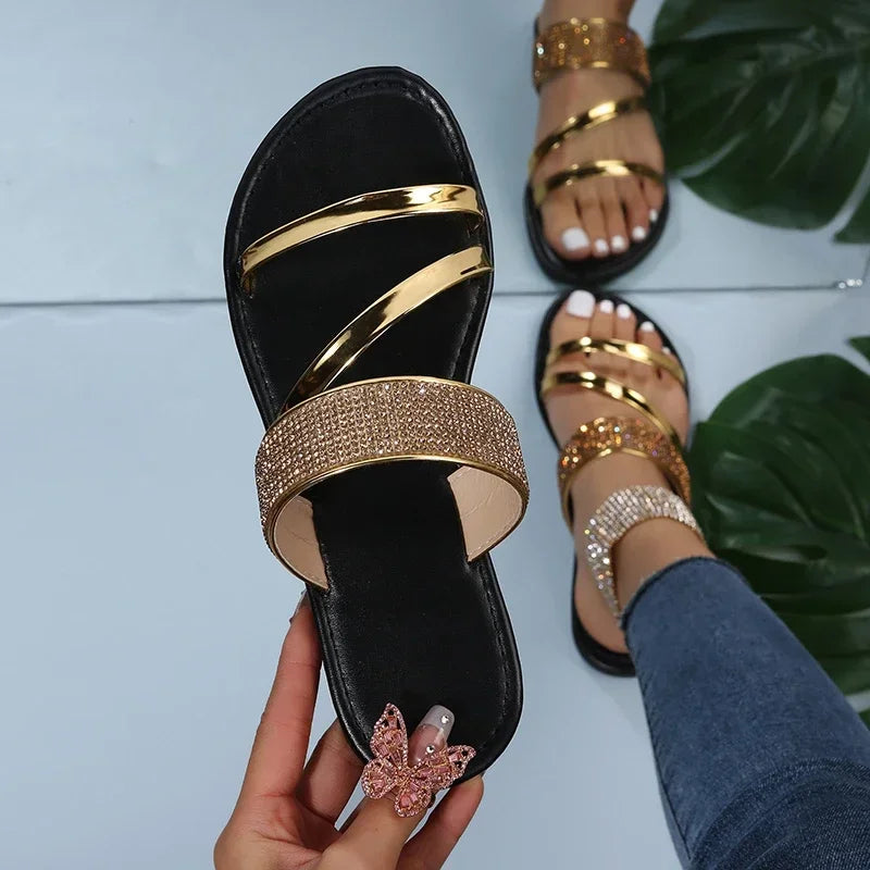 Sparkling Rhinestone Slides for Women - Comfy Open Toe Flats for Indoor & Outdoor Wear