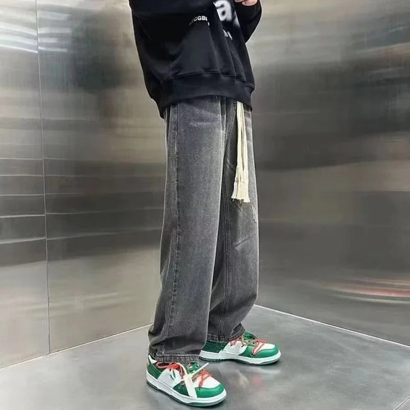Men's Fashion Versatile Wide Leg Denim Pants Korean Concise Style Streetwear Trousers Lace Up Design Straight Casual Jeans Male