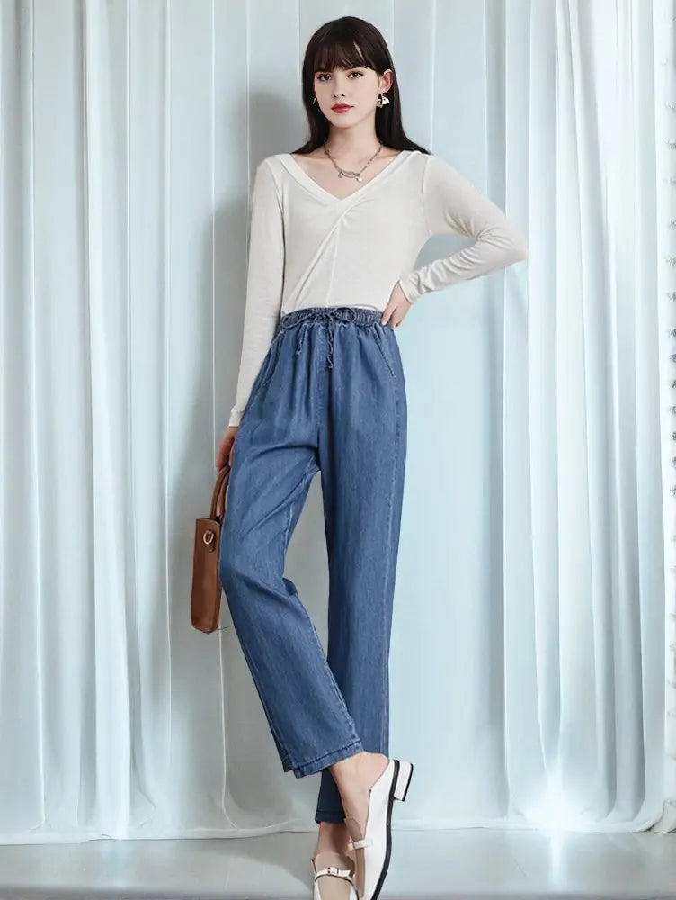 New 2025 Spring Summer Denim Jeans For Women Blue Or Sky Blue Color High Elastic Waist Wild Denim Pants Trousers Hot Sale