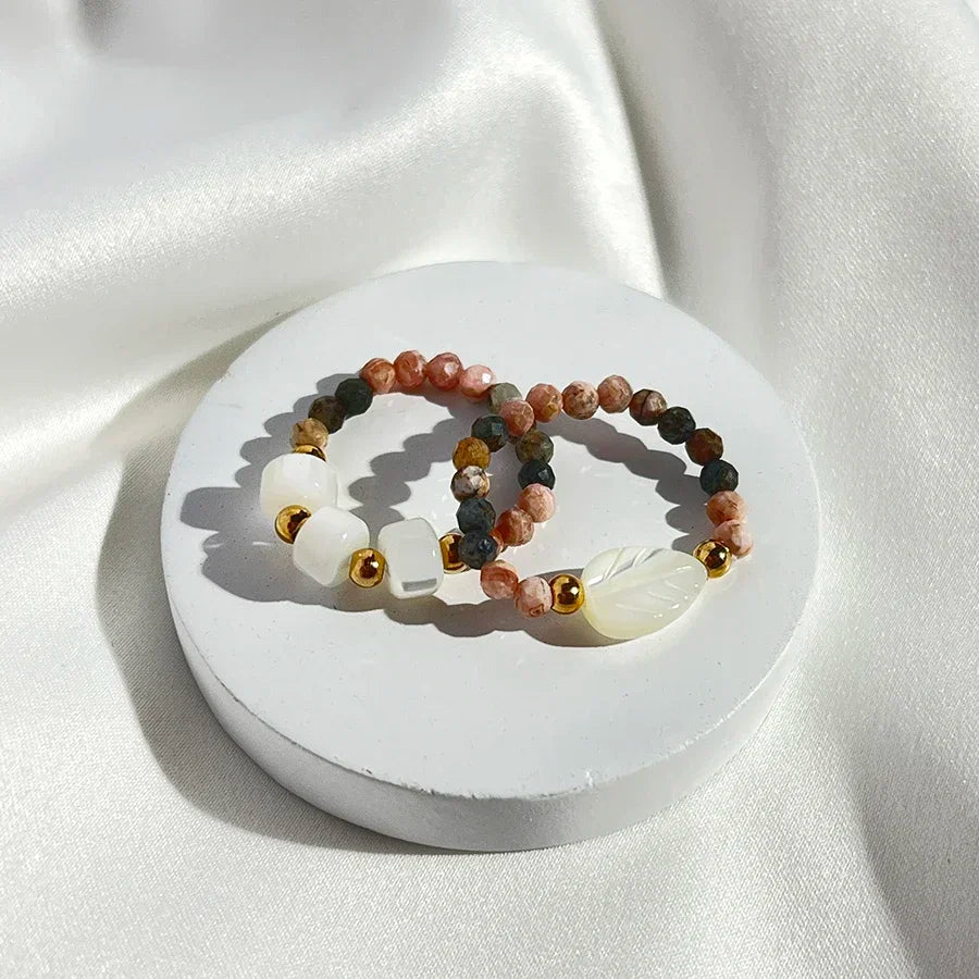 Handmade Facted 3mm Natural Stone Beaded Rings for Women Girls Fashion Jewelry Rhodochrosite Statement Ring Wedding Wholesale